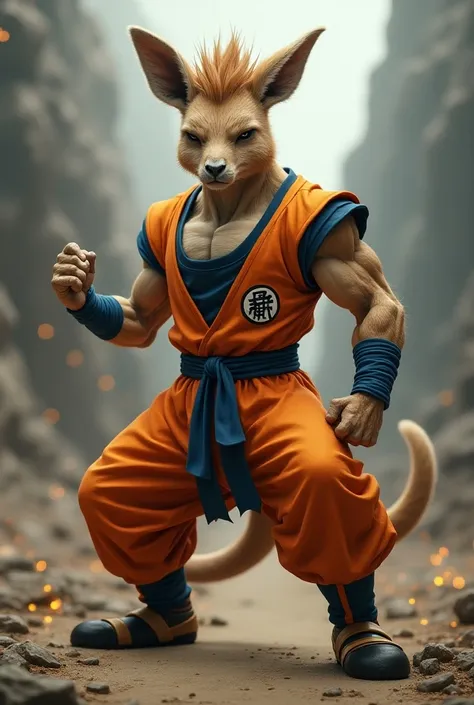 Muscular kangaroo with realistic Goku costume