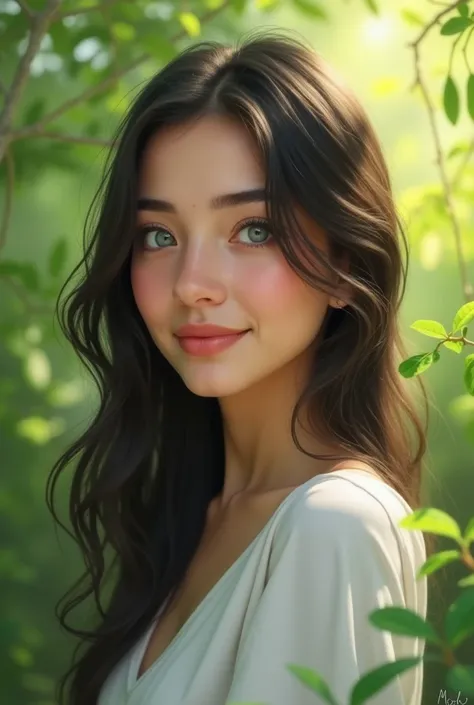 A young Caucasian woman with long dark hair and gray eyes smiling wearing a casual white shirt against a vibrant green background reflecting leaves and soft sunlight filtered through them.