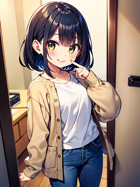  1 girl、smile、 hairstyle is medium hair with straight bangs、Hair color is beige、Clothes are casual and jeans 、Put your index finger on one hand and stand next to your face
