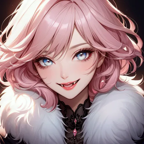 high quality, detailed, beautiful light pink hair, beautiful light eyes,female, beautiful LIps,fur jacket,simple blackground,smile,piass,Fangs．