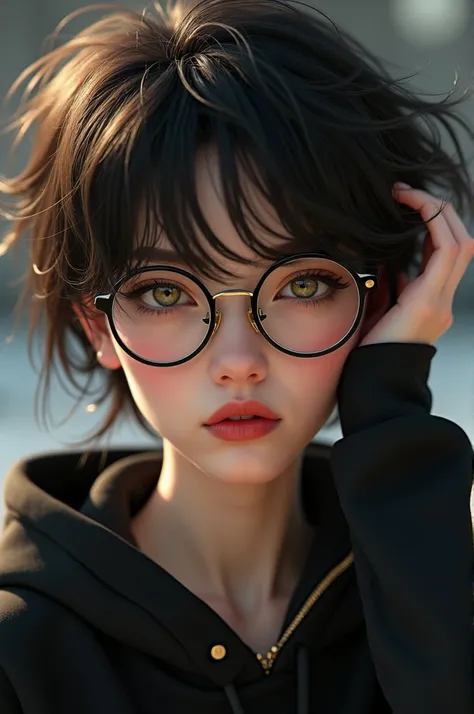 Ultra-realistic 8k CG, masterpiece, ((Ultra detailed background, delicate patterned, Intricate details)), best quality, Intricate details, Chromatic Aberration, woman, 20 years old, short hair , flat black , large round glasses , thick glasses, seductive l...