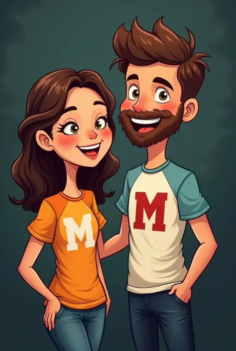 A dear couple are wearing shirts with the  M and H printed on them datk and cartoon 