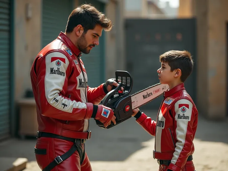 A young muscular guy in a red and white Marlboro leather motorcycle jacket with patches and red and white Marlboro leather pants gives his older son a large chainsaw with a long tire