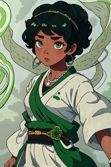 Draw a black character , curly hair, Basketball player style. with green and white kimono ,  a necklace with a green agamotos eye emanating green healing power.  in the background light green details . Serene and calm look .