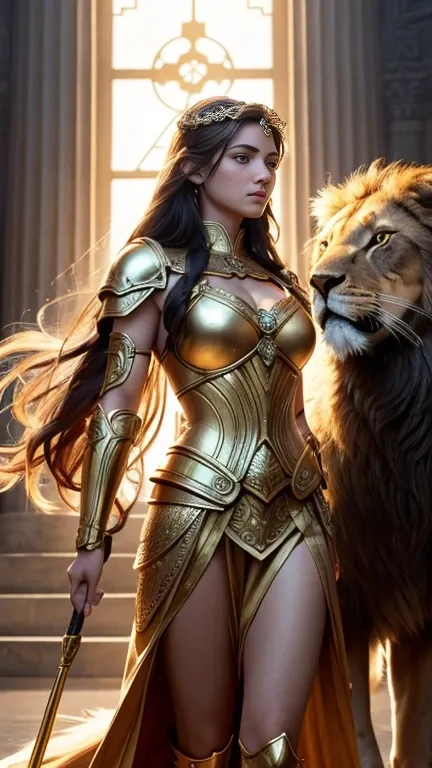 A majestic scene featuring the Greek goddess Athena, standing tall and powerful, clad in gleaming armor with intricate golden accents. She holds her iconic spear and shield, embodying wisdom and strength. Beside her walks a grand lion composed entirely of ...