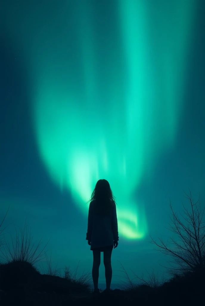 A girl standing and watching north lights and there is dark around her and she is standing from back it must look realistic 
