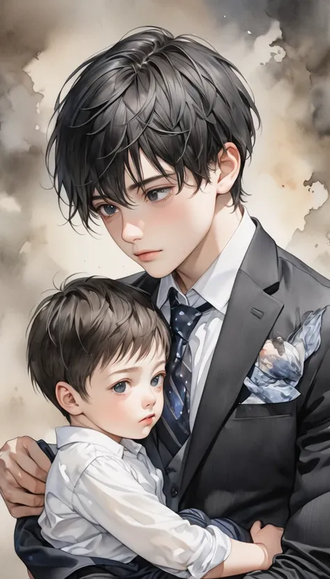  creates a realistic image of a teenage boy with perfect face, black eyes, black hair [Carrying a  boy ] in a black suit. High resolution watercolor image ,  anatomically correct , 