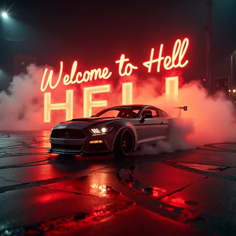 A photorealistic scene of a high-performance car drifting on an urban street at night, with thick smoke trailing behind the car. The smoke spells out "Welcome to Hell" in bold, fiery letters. The scene is intense, with glowing red and orange highlights fro...