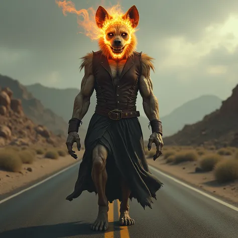 Create a realistic image. On a road. Make a hyena. The hyena comes complete with ghost riders iconic dress and face