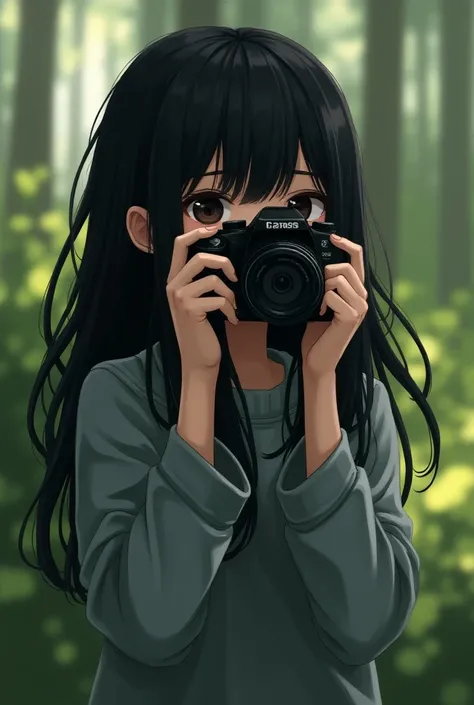 A long black haired girl without bangs taking photos