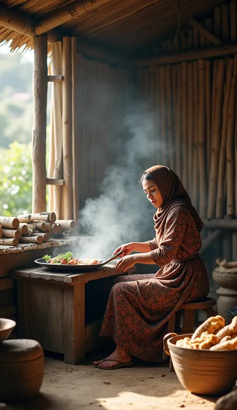 A realistic scene of a woman sitting in a traditional outdoor kitchen, cooking on a wood-fired stove. She is wearing a hijab and a floral-patterned dress, sitting next to a firewood stove with visible fire and smoke rising. The surrounding area includes wo...