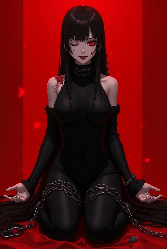 1girl, yor briar, meditating, chained to the ground, cuffs, shackles on neck and limbs, red background, red eyes, anger, defiant pose, looking at viewer, half-closed eyes, simple background, ultra-detailed, long sleeveless black suit, tough, damaged, wound...