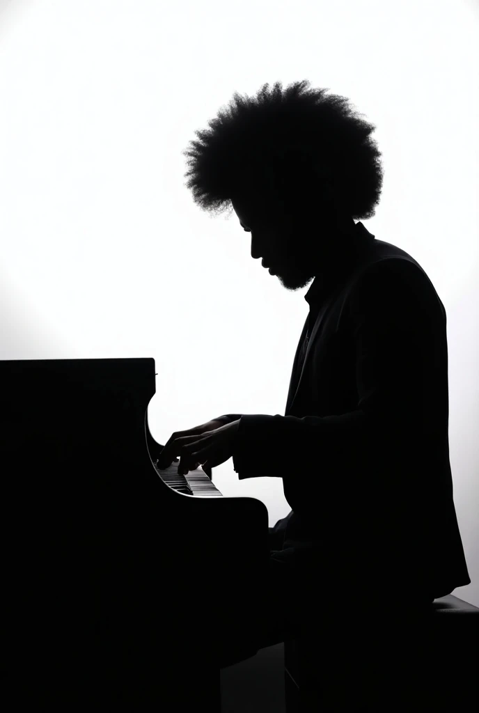 An Afro man playing the piano in the silhouette style that is more silhouette much more silhouette and with a pure white background 