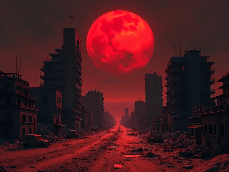 A deserted city in darkness in the blood dunes against the background of the black sky and the red sun