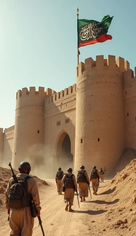 
A fortress on the walls of which soldiers of the army of Muhammad bin Qasim are fighting, and the Islamic flag is waving on the facade of the fortress.
