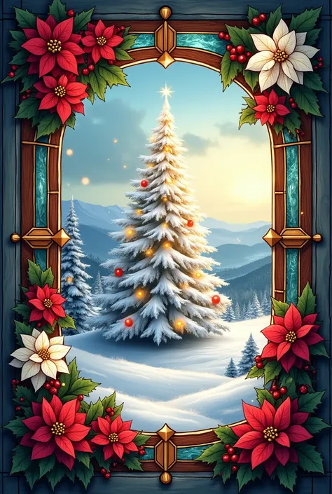 Stained glass style window frame, Stained Glass Style, Christmas landscape with white Christmas tree, Multiple Red and white Poinsettia, Multiple False holly, wallpaper, illustration, Highest image quality, high quality, masterpiece, amazing quality,