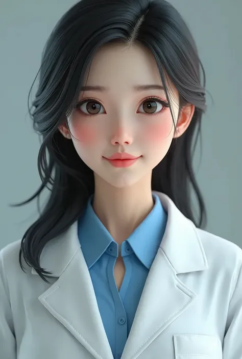 A 3D image of a highly professional Asian female doctor with big eyes, black hair, and wearing a doctors white coat and work uniform，super detail，unreal engine