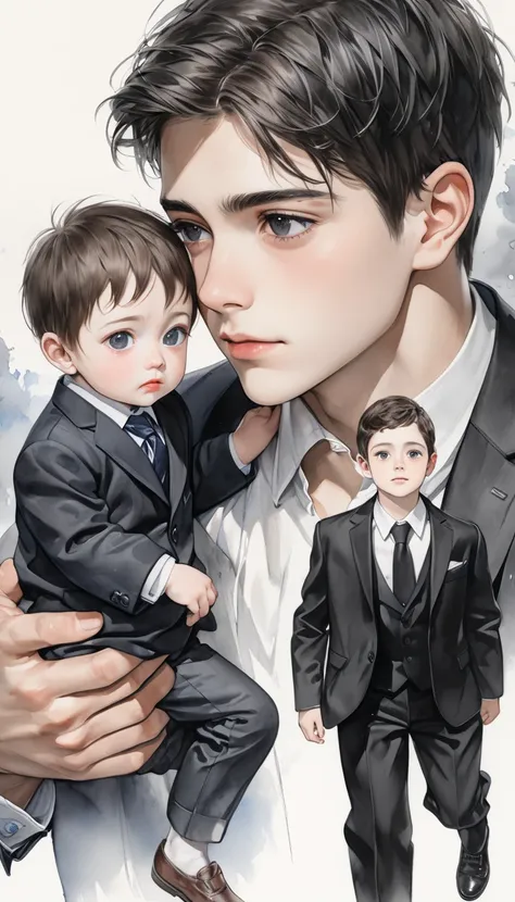  creates a realistic image of a teenage boy with perfect face, black eyes, black hair [Carrying a  boy ] in a black suit. High resolution watercolor image ,  anatomically correct ,  Distant image