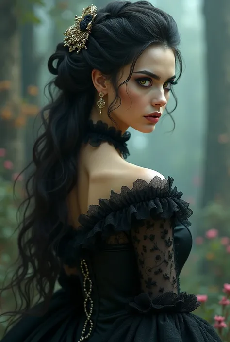 black hair, makeup, serious, scowl, jitome, disdain,  surrealism, Realism, pillarboxed, from behind, 8k, super detail, super detail, high quality,  highres icon, best quality, 16k, high details, UHD

A princess with long dark hair with a side hairstyle and...