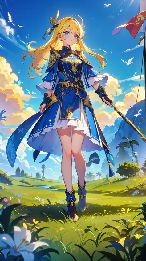 Yellow hair, holding flag and shield, girl, facing forward, grassland