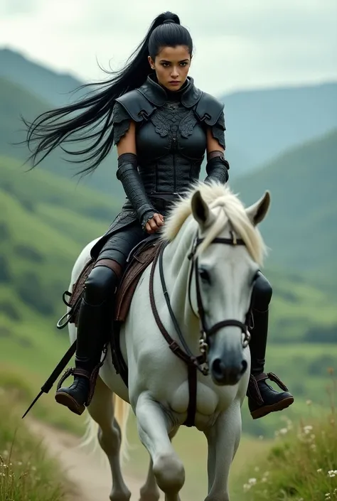 SangoA warrior girl with long black hair and a ponytail, wearing black leather armor, riding on a white horse in the middle of the valley 