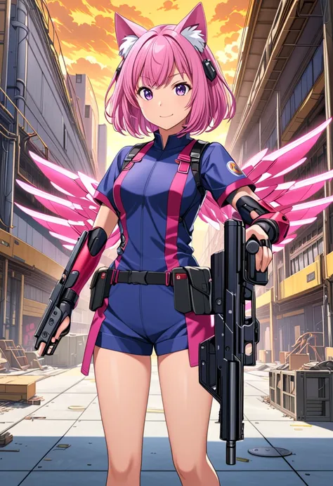 score_9,score_8_up,score_7_up,source_anime,rating_safety,masterpiece,best quality,hyper detailed,super fine illustration,8k,BREAK 1girl,cat ears,short hair,pink hair,purple eyes,little smile,medium breast,BREAK battle dress,(mechanical wings:1.2),standing,...