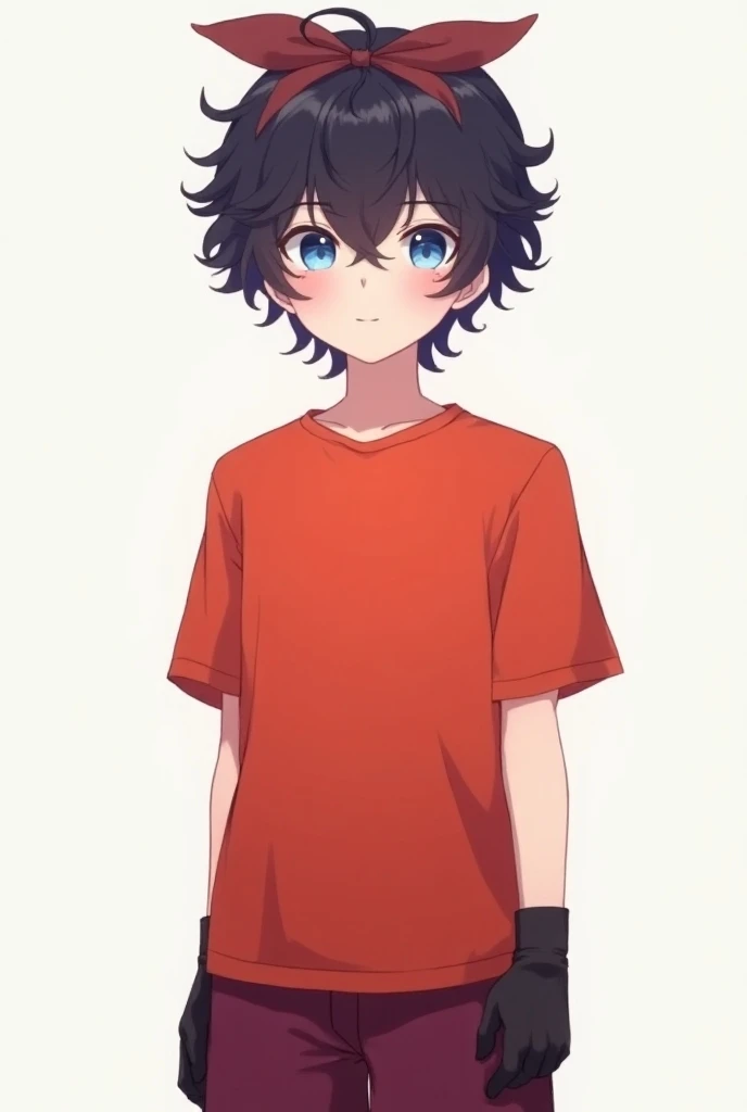  a 15-year-old anime boy who wore a red t-shirt and burgundy shorts and had curly hair and blue eyes, You had a bow tied around the top of your head and wore gloves and with a slightly blushed and expressionless face 