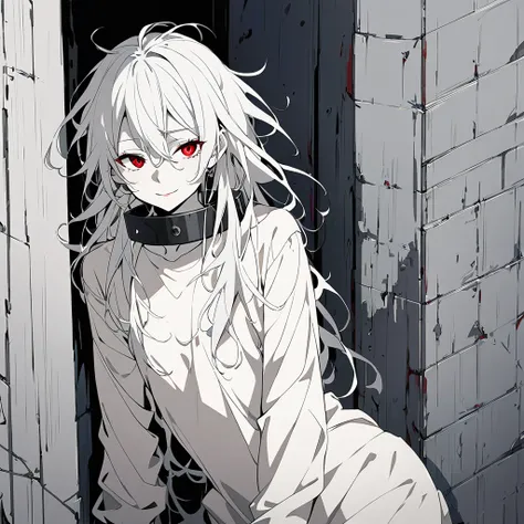 1 girl, defined body, pale skin, long messy hair, white hair, bangs between the eyes, red eyes, lust in the eyes, small smile face, white shirt to the hip, without underwear, metal collar attached to the neck, front view, anime, Dark prison chained to wall...