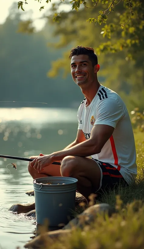 "Create a hyper-realistic scene of Cristiano Ronaldo fishing by the riverside. The image should capture every moment in vivid detail: his fishing kit, a bucket with fresh catches, and a natural, serene riverside background. Ronaldo should be wearing his te...