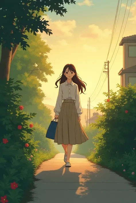 Kyoko Otonashi from Maison Ikkoku walks a slope at dusk on her way home from shopping