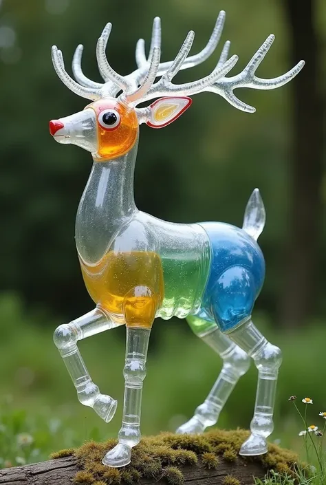  Create a deer made of plastic bottles, charming but with amorphous pieces 
