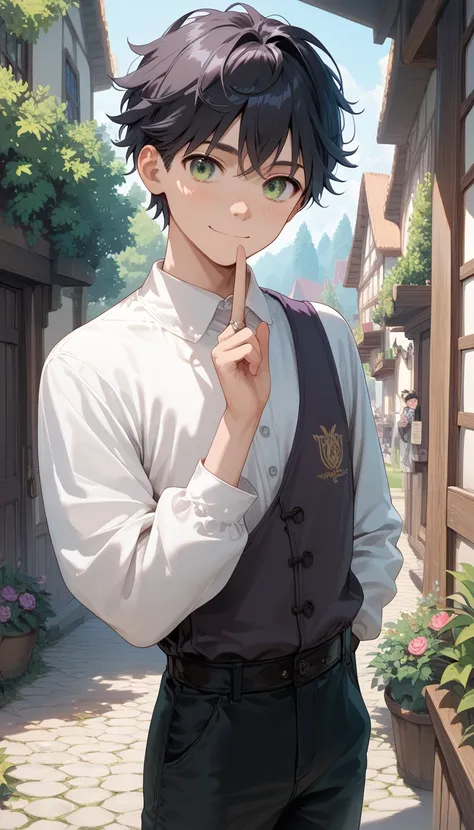 ((masterpiece)), 1boy, black hair, young, skinny, pale skin, white shirt, dark pants, ((dark purple Ring on index finger of left hand)), embarrassed smile, green eyes, solo, very young, anime style, medieval clothes.