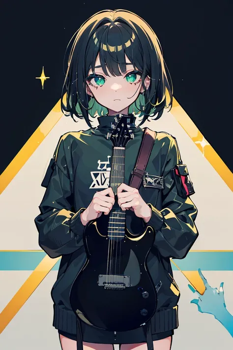 (( 1 girl)), punk, Dark circles under the eyes,  dirty face ,   peace sign, Metallic rock, , guitar, Cowboy Shooting,(( very detailed,Best Quality,  Hi-Res, Fell, sloppy, Lazy and slothful,Indifference, 8k wallpaper, Beautiful clothes,)),((Black Hair, Matt...