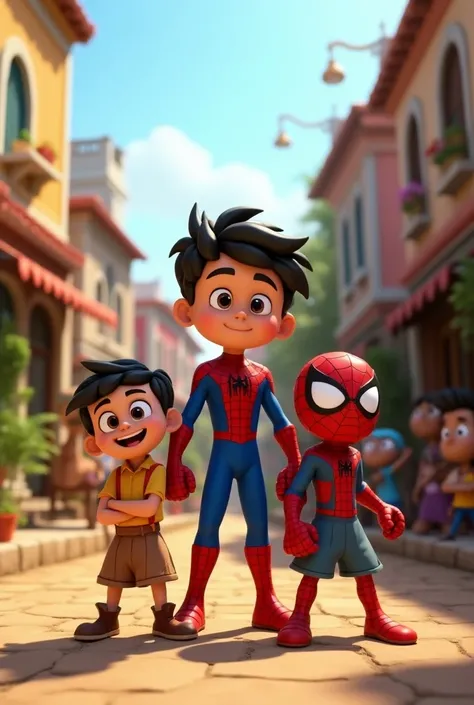 Create chota bheem standing with spider man in dholakpur with chutki,Raju,jagu,kaliya and dholu bholu 3d animation image 