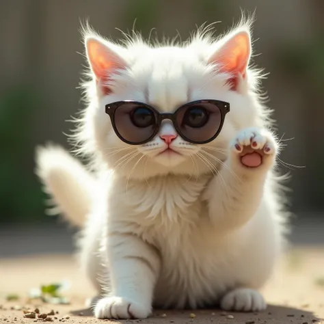 (Cute white cat wearing sunglasses 1,1:6), (Holding sunglasses with one hand 1.1:6), (Rich white fur 1.1:3), Dynamic action, Real photo, Reality, High quality