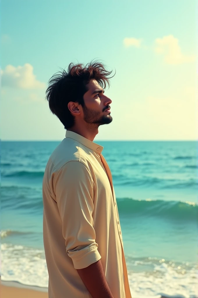 "A 20-year-old young man with messy hair, wearing a traditional Punjabi shirt, standing on the shore of the sea. He is gazing at the vast blue ocean, with the waves gently crashing against the shore. The sky is clear, with soft sunlight illuminating the sc...