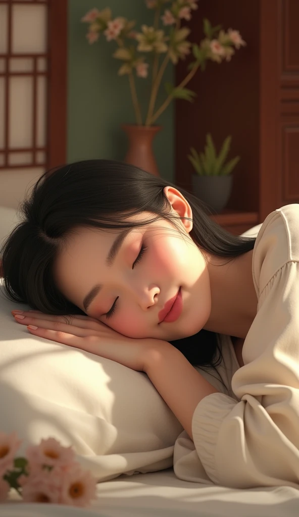 Oriental woman sleeps peacefully with a smile on her face