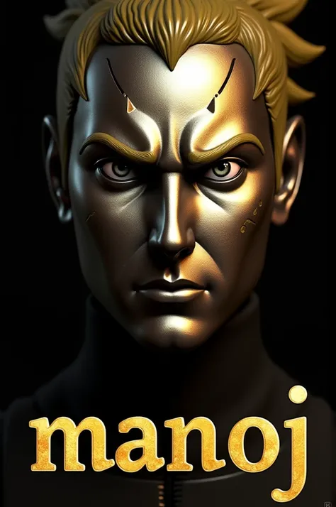 A highly detailed, metallic and stylized rendition of the (ɴᴀʀᴜᴛᴏ) face with sharp. The characters expression is serious, and below the face is the word ( MANOJ ) written in bold, elegant golden typography. The image has a dark background that makes the go...