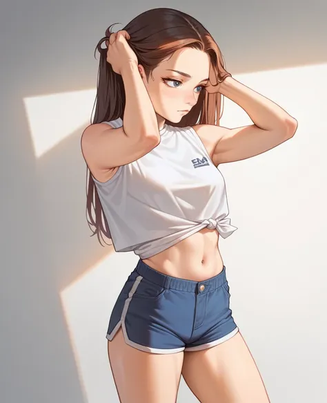 1girl, ultra high res, exposed tummy, shirt, shorts , adjusting hair, sleeveless