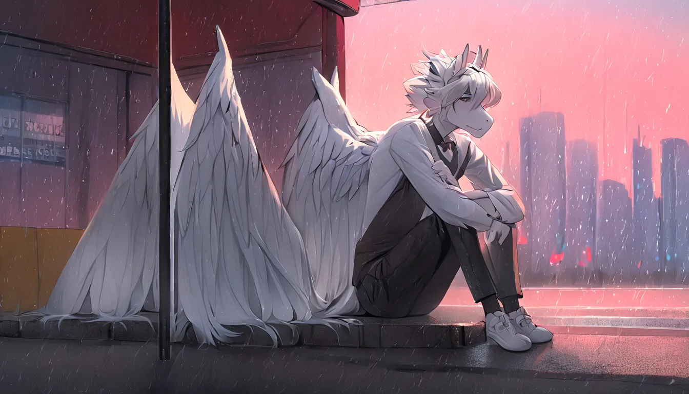 White Dragon Fluffy Red Horned Skinny Femboy All White Evening Dress Cool White Wings White Hair City Place Rain Fairy Wings Handsome Hair Sad Hairstyle Handsome Face Sitting at Bus Stop 4k Picture Handsome Looking Dragon