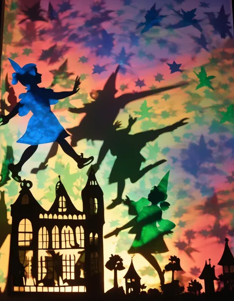 Shadow art using colored cellophane, Peter Pan themed shadow art, Peter Pan and Wendy flying through the stars, castles made of colored cellophane, shining stars