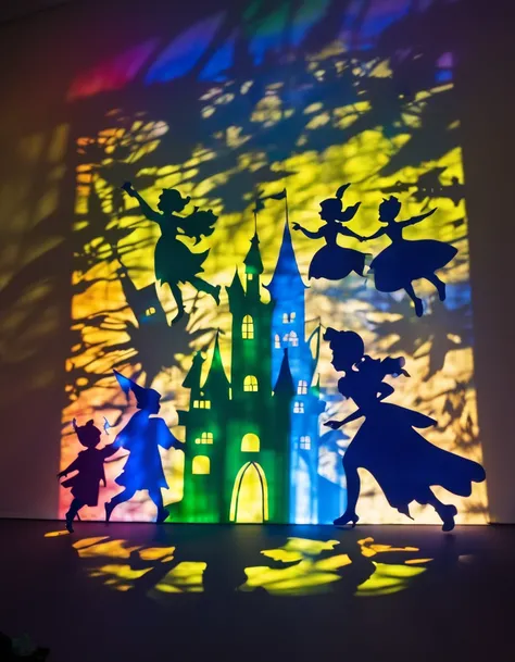 Shadow art using colored cellophane, Peter Pan themed shadow art, Peter Pan and Wendy flying through the stars, castles made of colored cellophane, shining stars