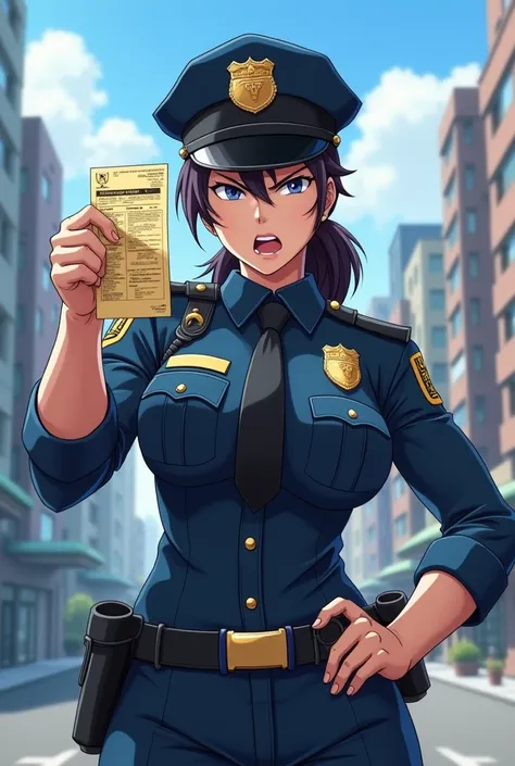 Muscle Woman cop inspecter  anime  give apeeding ticket to you  angry 