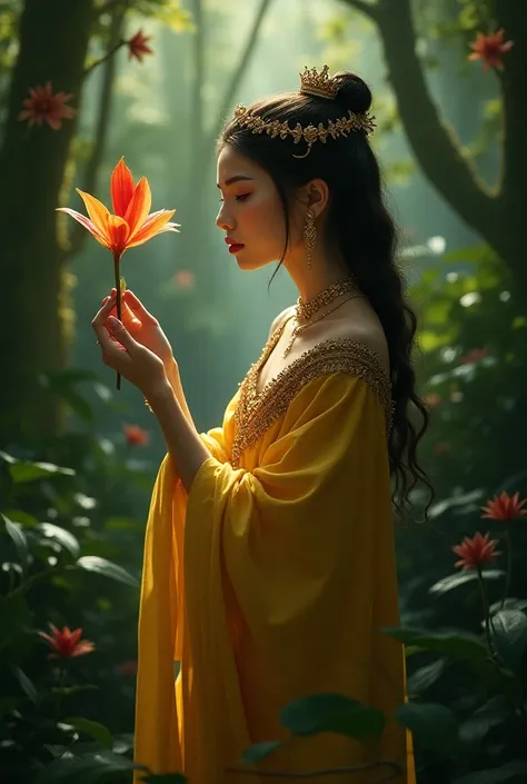 A princess in the jungle watching just one  flower 