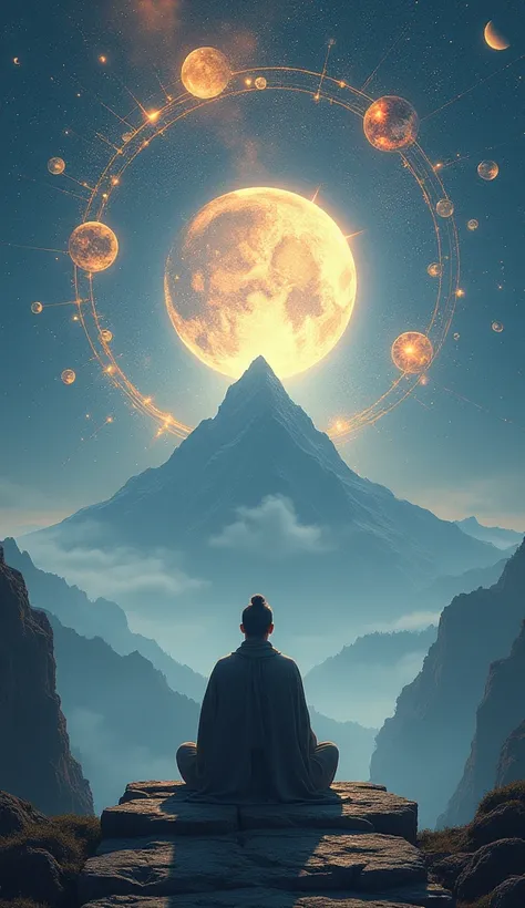 "A lone sage sits cross-legged atop an ancient stone platform surrounded by mysterious ruins, overlooking a vast mountain range cloaked in fog. Above him, an intricate cosmic network of glowing lines and geometric shapes weaves through the sky, connecting ...