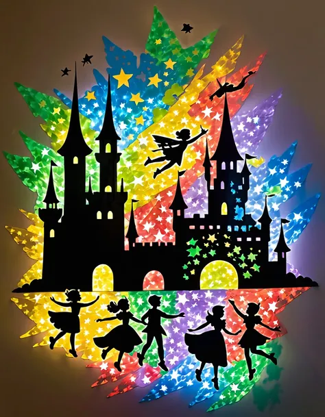 Shadow art using colored cellophane, Peter Pan themed shadow art, Peter Pan and Wendy flying through the stars, castles made of colored cellophane, shining stars