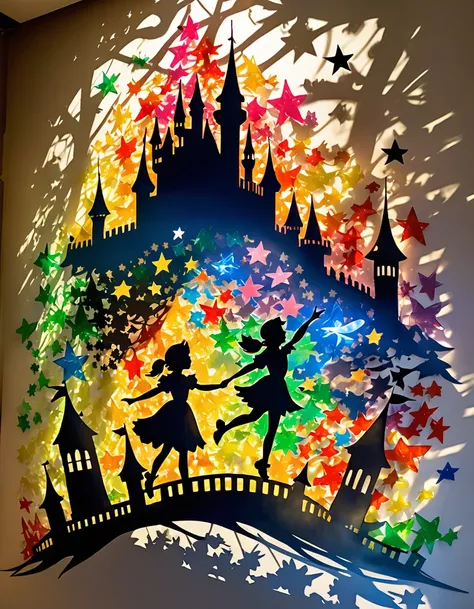 Shadow art using colored cellophane, Peter Pan themed shadow art, Peter Pan and Wendy flying through the stars, castles made of colored cellophane, shining stars