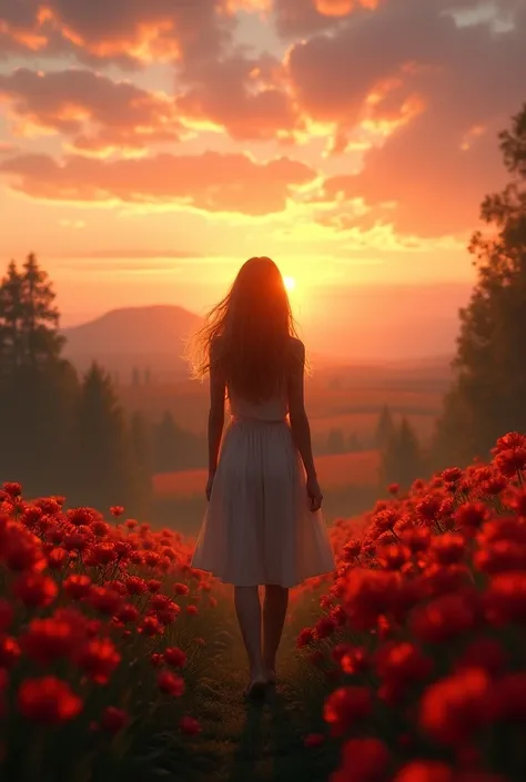 A girl showing her back and walking into a beautiful farm with full of red flowers at sunset time