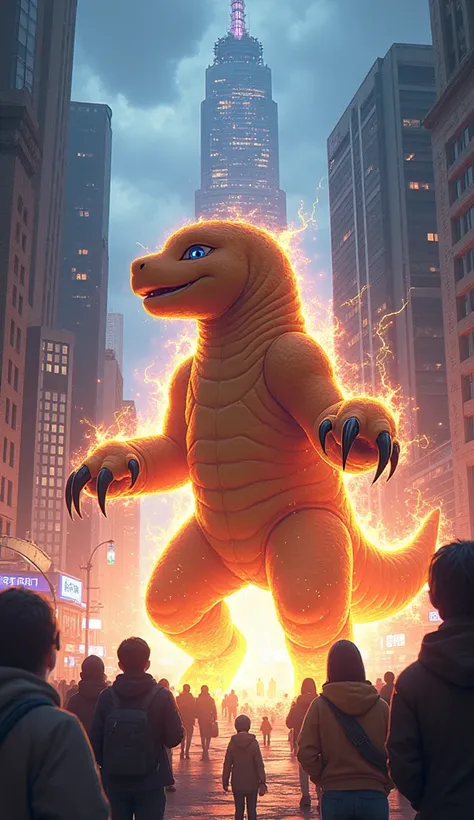  form a highly detailed and dynamic Agumon scene ,  Digimon small dinosaur-like with orange skin and sharp claws ,  evolving into Champion , Greymon,  in the middle of a modern city .  The transformation should include the effect of glowing energy ,  swirl...