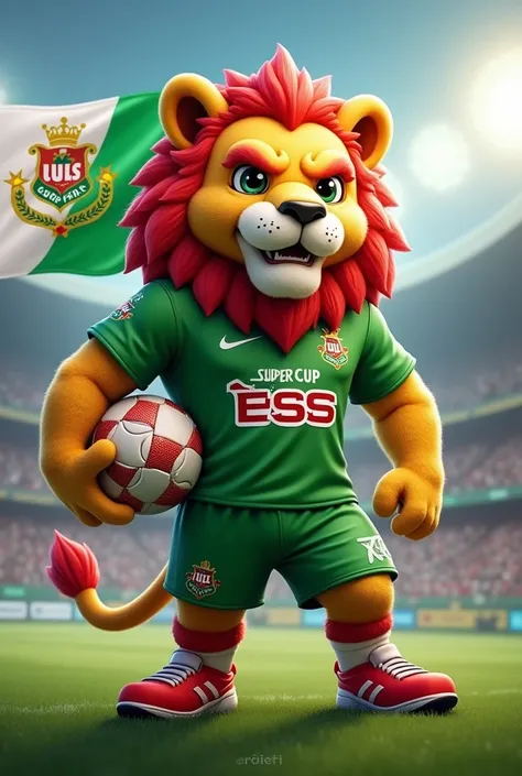 Une mascotte de lion habillé en équipement de football de couleur vert et rouge écrit sur le maillot super cup 2024 UCAC avec un ballon de football en main écrit SUPER CUP ESS et un grapeau  de couleur vert blanc écrit sur ça ESS-UCAC